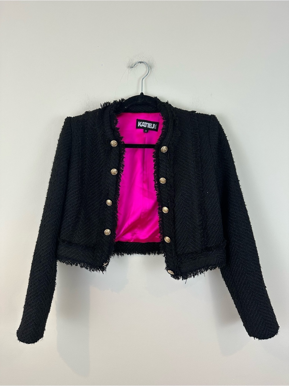 Katie J Black Textured Cropped Jacket with Pink Lining Teen Junior's Size XS
